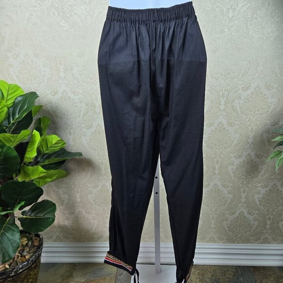 Indian Cotton Pants Black Colorful Stripes Elastic Waist Adj Ankle Ties Pockets - Picture 8 of 12